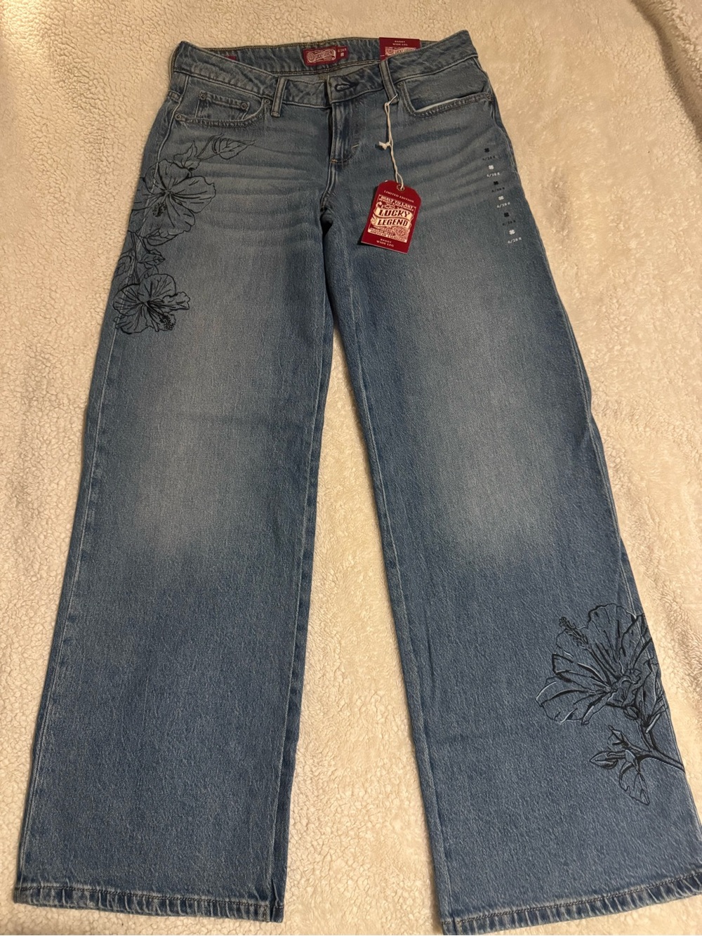 Lucky Brand Light Blue Floral Embroidered Wide-Leg Jeans